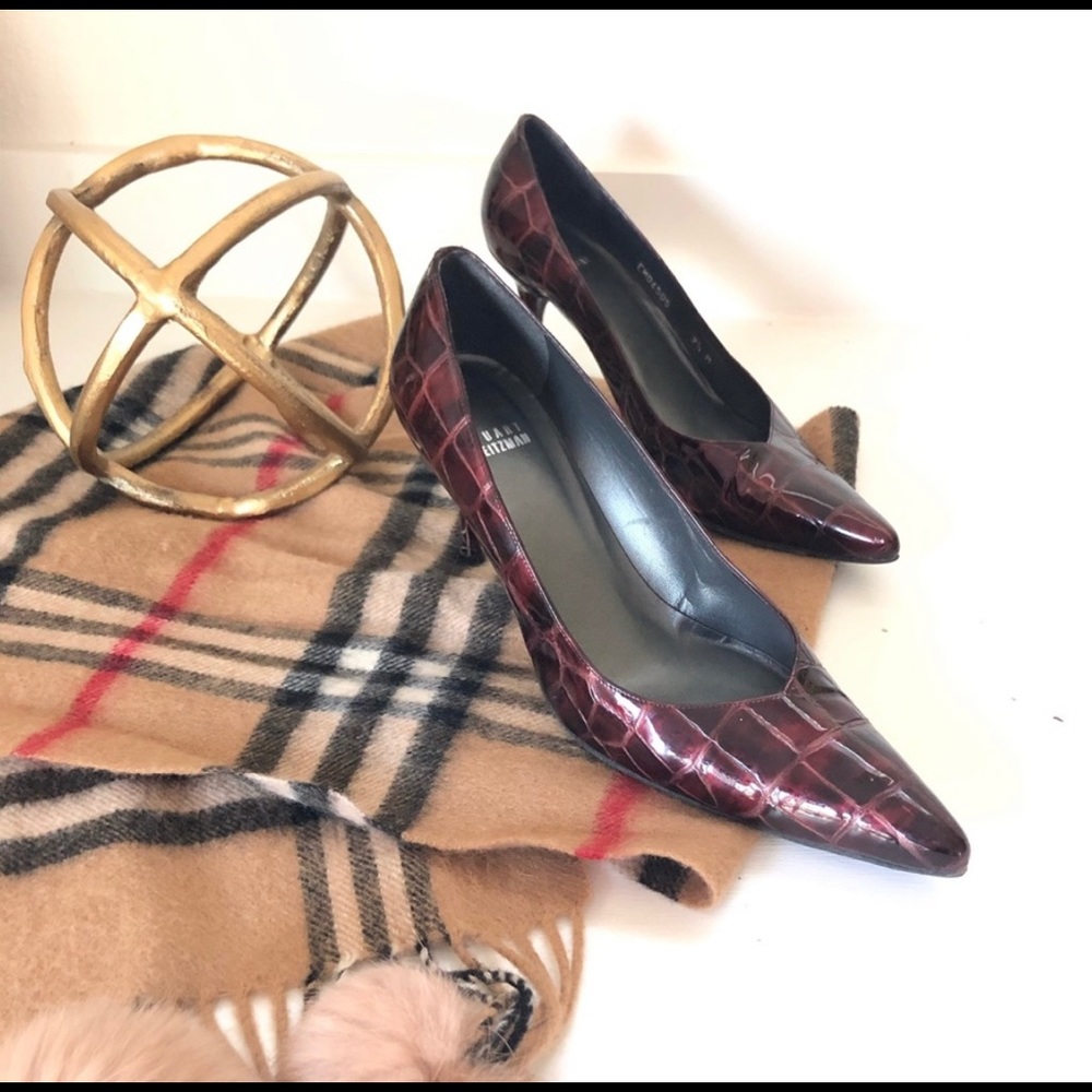 Stuart Weitzman Dark Red Croc Embossed Leather Pu… - image 1